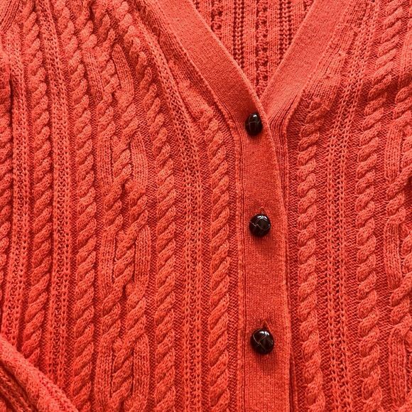 LANDS END Wool Cotton Orange Aran Cable Knit Fisherman's Knit Cardigan Size XS - Picture 4 of 6